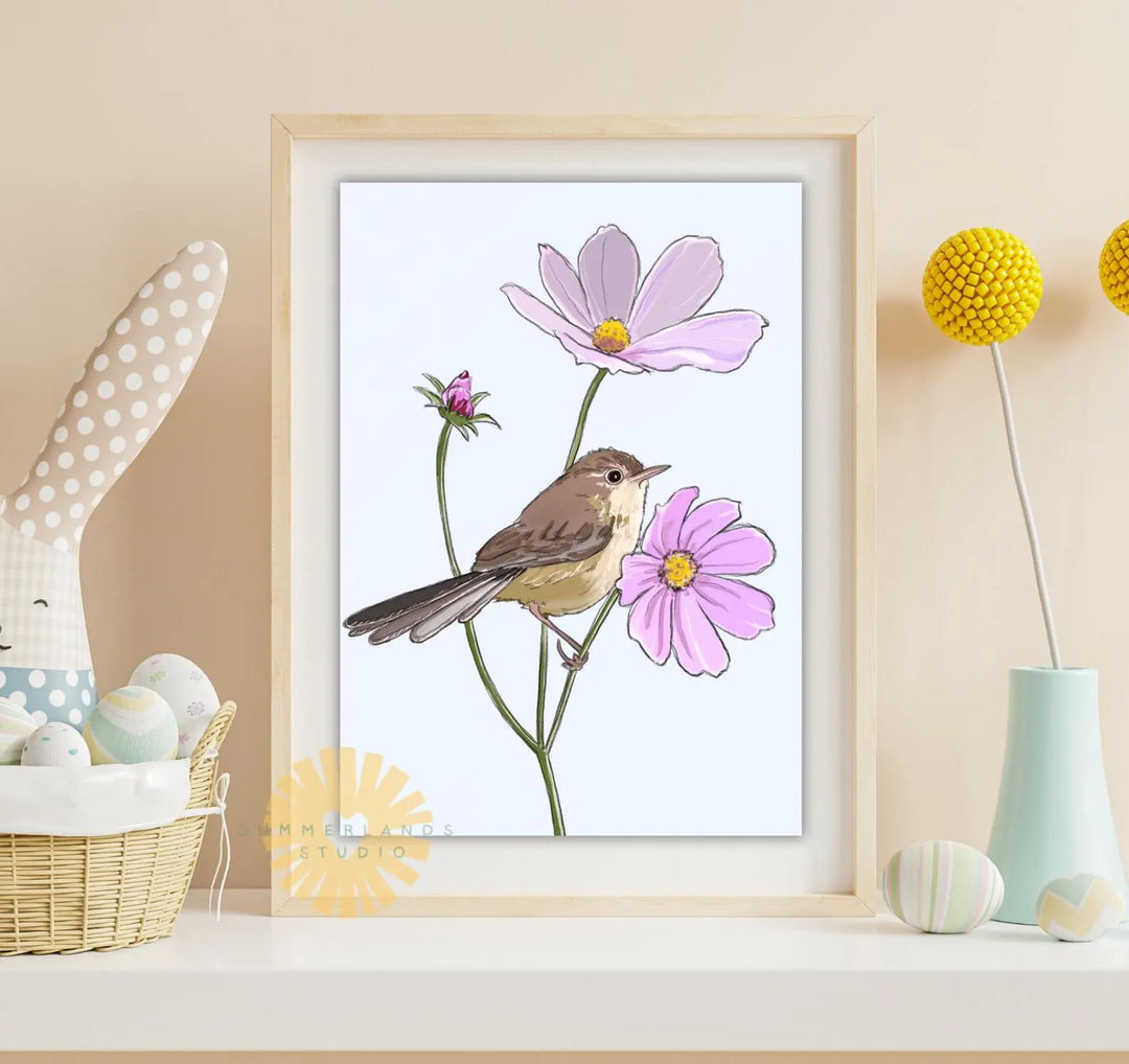 Wren On Cosmos Art Print